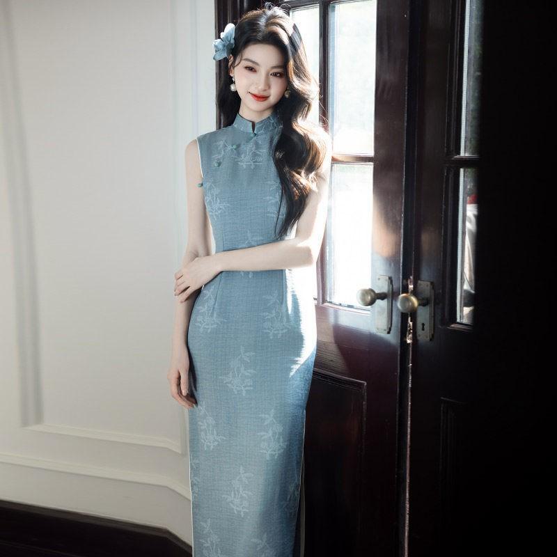 Blue Sleeveless Modern Chinese-Inspired Long Cheongsam Dress Women 2026 Stylish Retro Fit Small