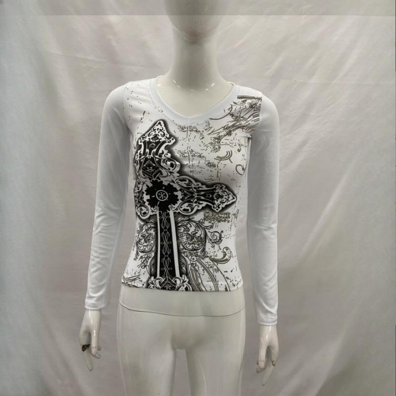 Y2K Gothic schwarzes bedrucktes Damen Retro Frühling V-Ausschnitt langärmeliges tailliertes Oberteil