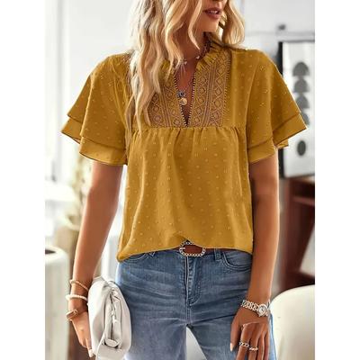 Women's Solid Color V-Neck Blouse Shirt Ladies Fashion CLace Trim & Swiss Dot Accents Blouse