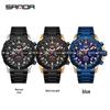 SANDA Men's Quartz Waterproof Watch with Calendar, Simple Design, Three Dials, Six Hands, and Steel Strap.