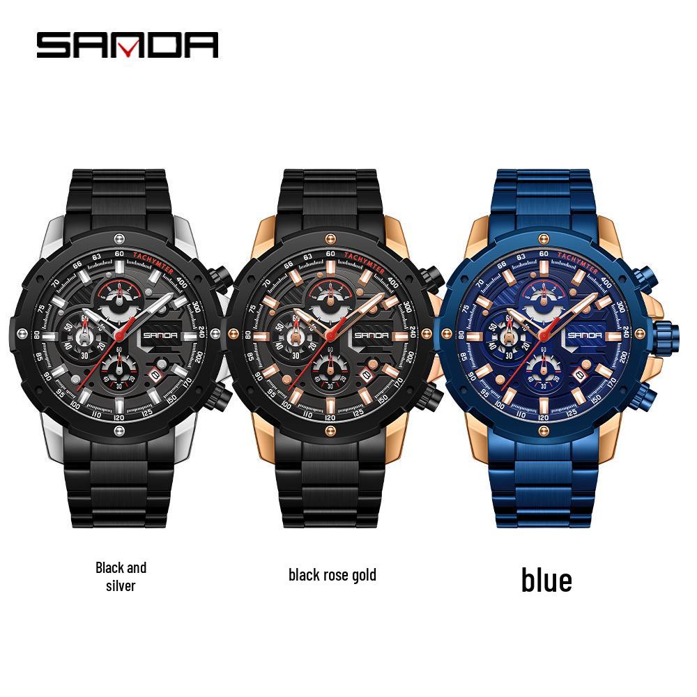 SANDA Men's Quartz Waterproof Watch with Calendar, Simple Design, Three Dials, Six Hands, and Steel Strap.