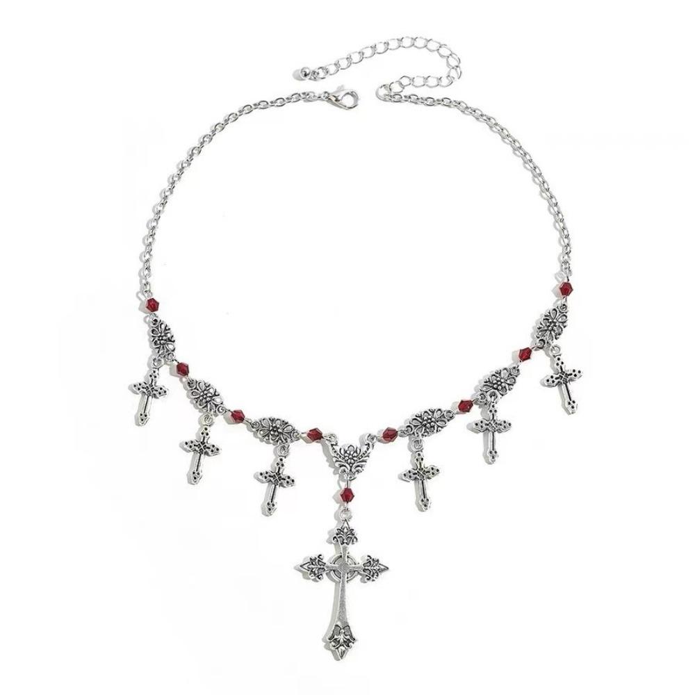 Hip-hop Personality Sliver Color Cross Tassel Pendant Red Crystal Beads Necklace for Women Punk Gothic Halloween Jewelry Gift