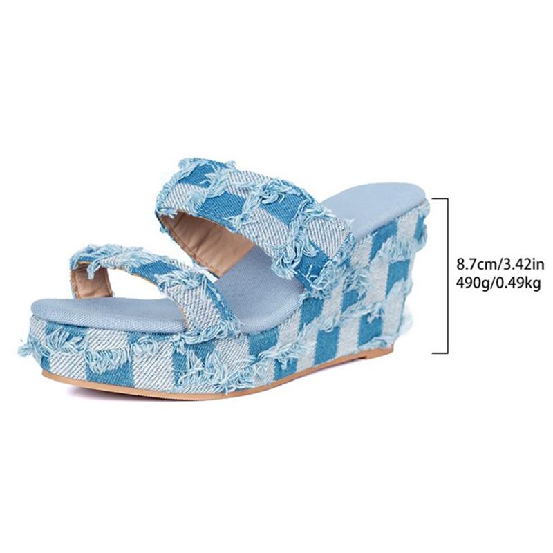 

Босоножки на танкетке из денима в клетку для женщин, лето 2025, новые модные босоножки на толстой платформе, женские уличные тапочки с толстой подошвой 42 светло-синий