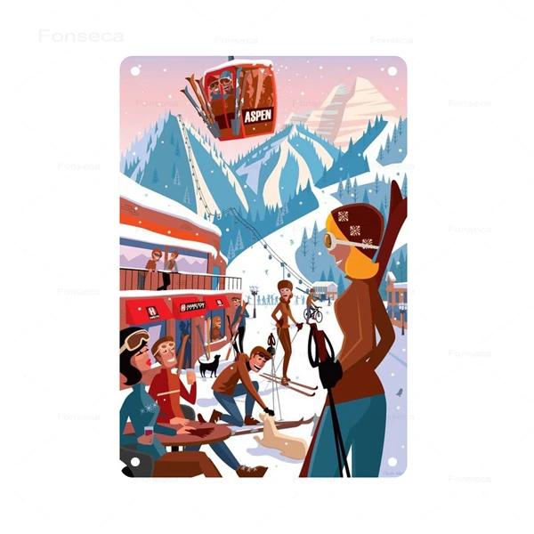 Retro Ski Resort Metal Sign St Anton Kitzbuhel Avoriaz Winter Landscape Home Bar Club Hotel Wall Decor Tin Plaque XCm
