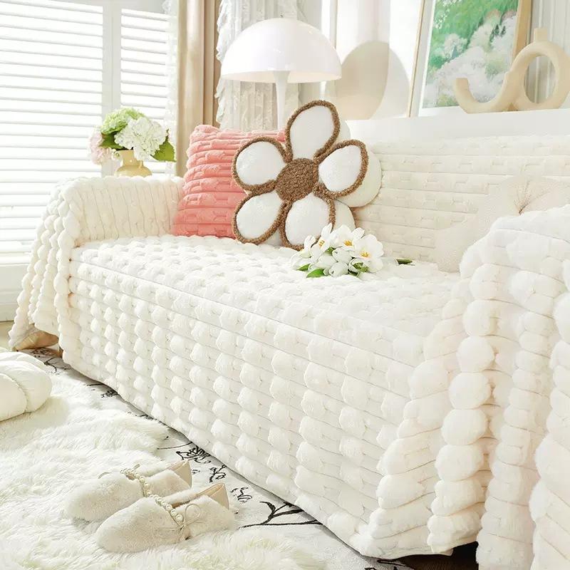 Rabbit Pile Sofa Cover Cloth Winter New Solid Color Thickened Plush Non-slip Leather Sofa Cushion Cover Scarf Full Blanket
