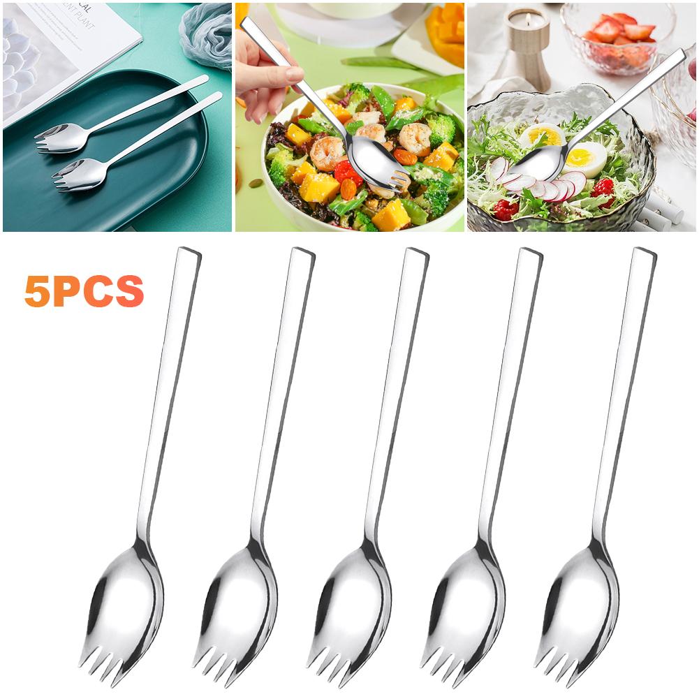 5 sztuk Spork Stal Nierdzewna Sztuć Set Długi Uchwyt Przenośny Widelec do Makaronu na Deser Lody Sałatkę