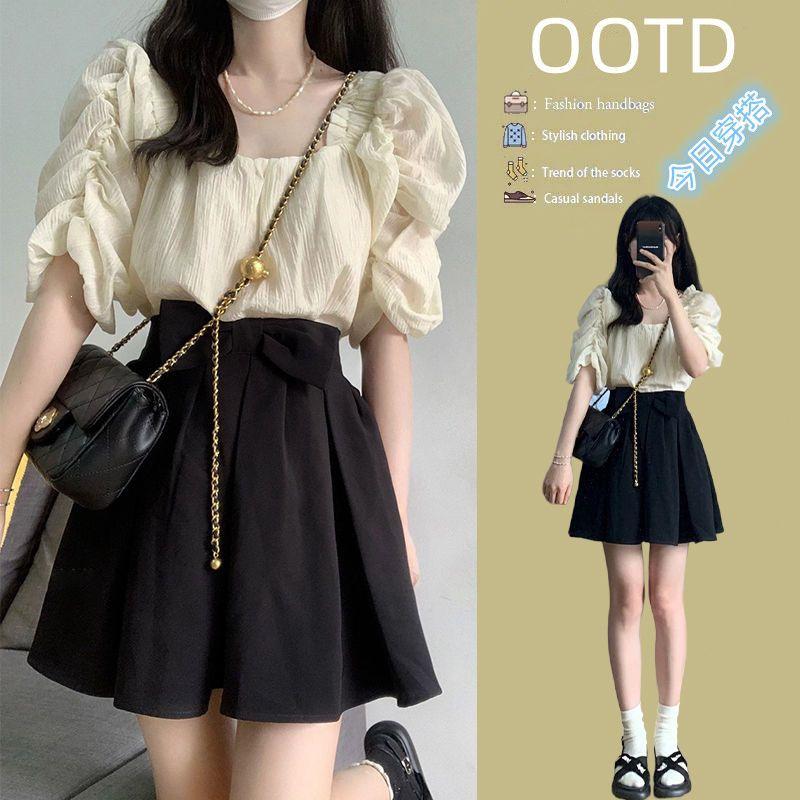 Women s Petite Summer Suit: Pleated Short Sleeve Square Neck Top & Bowknot Skirt Two-Piece Set S