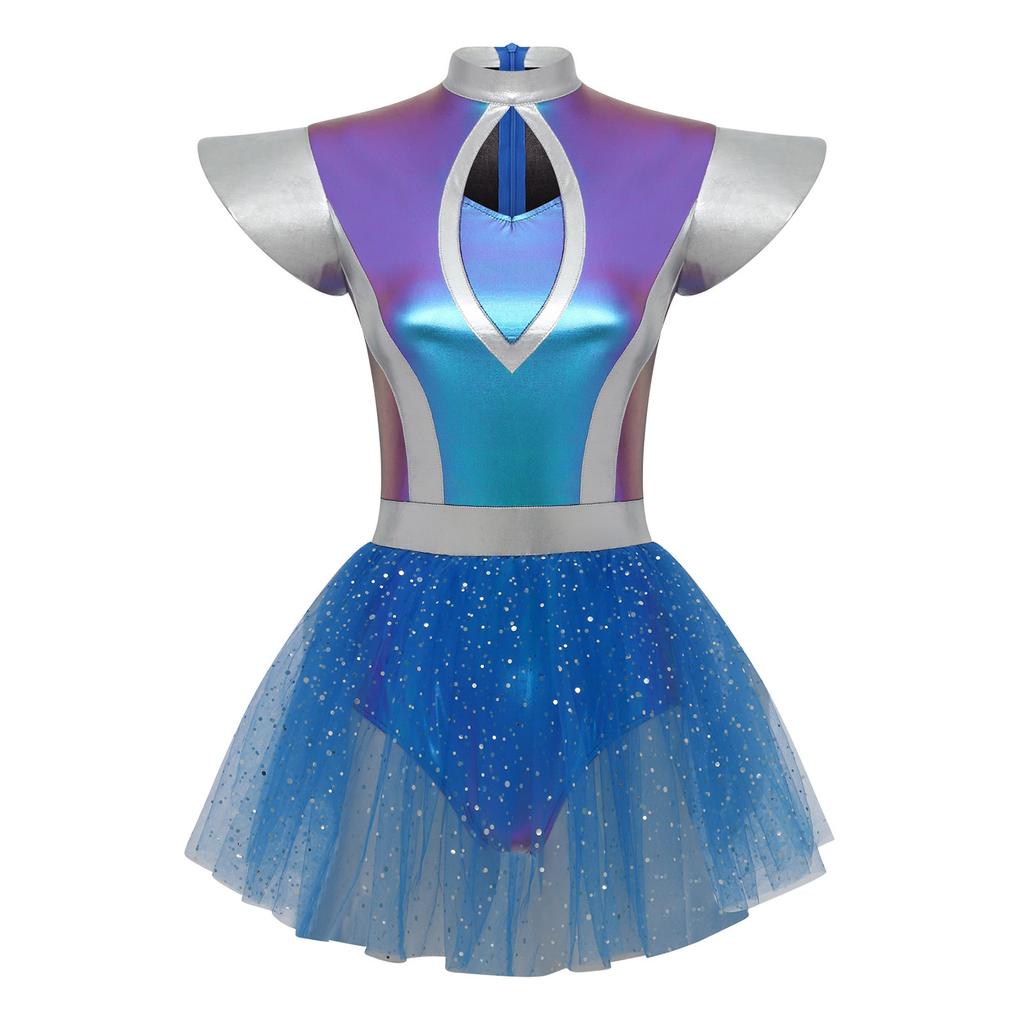 Womens Alien Cosplay Dress Fly Sleeve Front Hollow Out Metallic Shiny Patchwork Tulle Hem Built-in Briefs