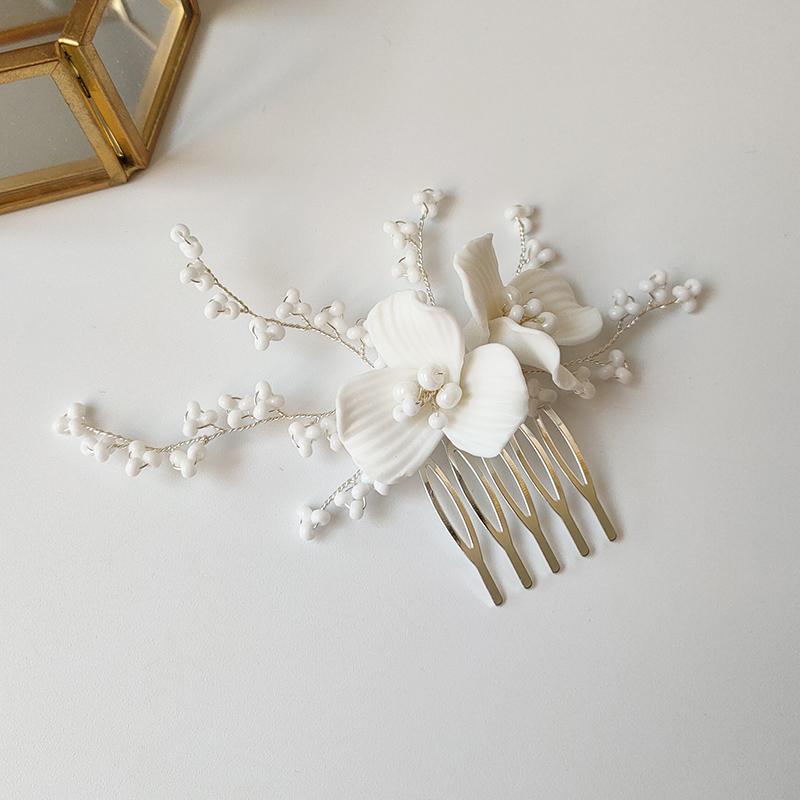 Diadema da Sposa Fiore in Argilla Ceramica Cristallo Perla Pettine per Capelli Spille Accessori Copricapo da Donna per Matrimonio Festa Idee Acconciature