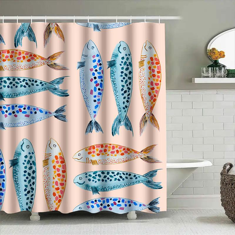 

Stylish Fish Print Shower Curtain for Bathroom Decor Vibrant Blue, Orange White Colors High-Quality Fabric Material Easy Install 90x180cm