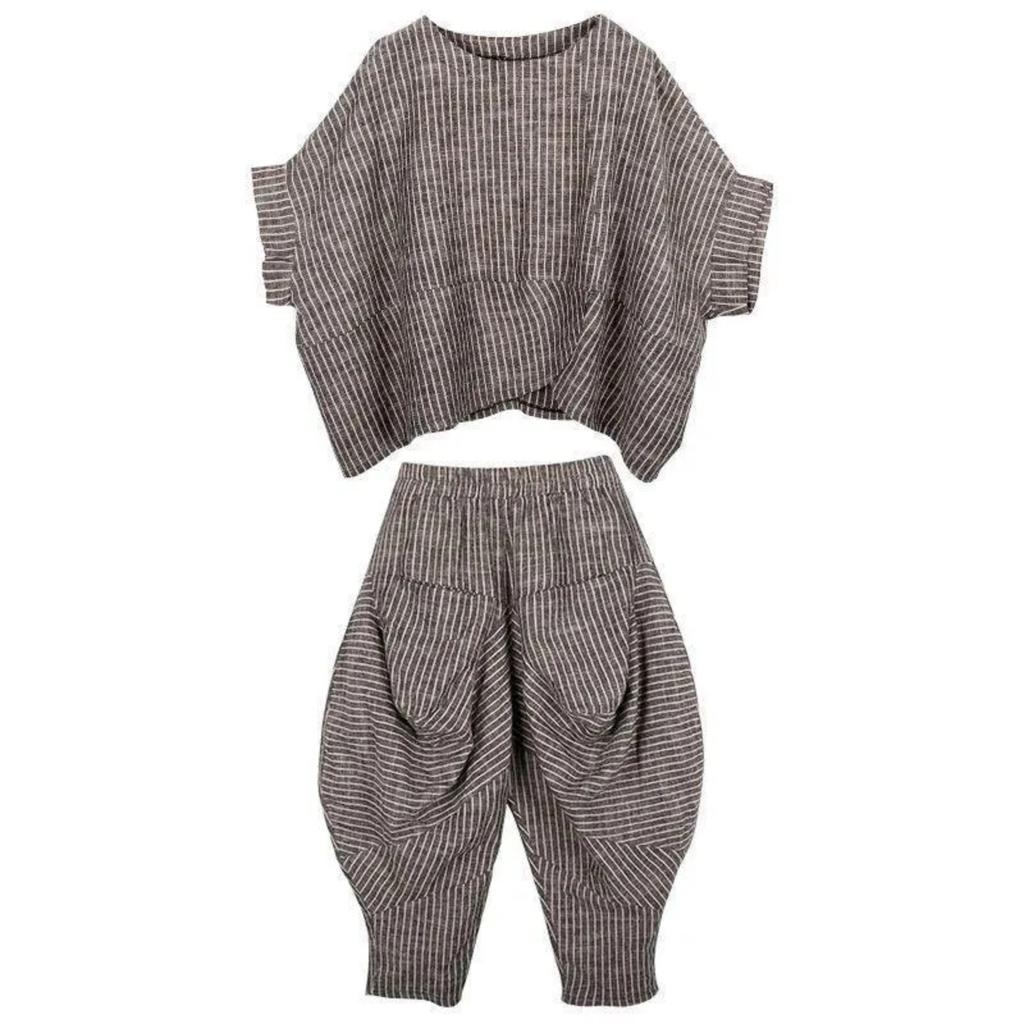 Randig Lös Kortärmad T-shirt Topp, Dam Cropped Byxor