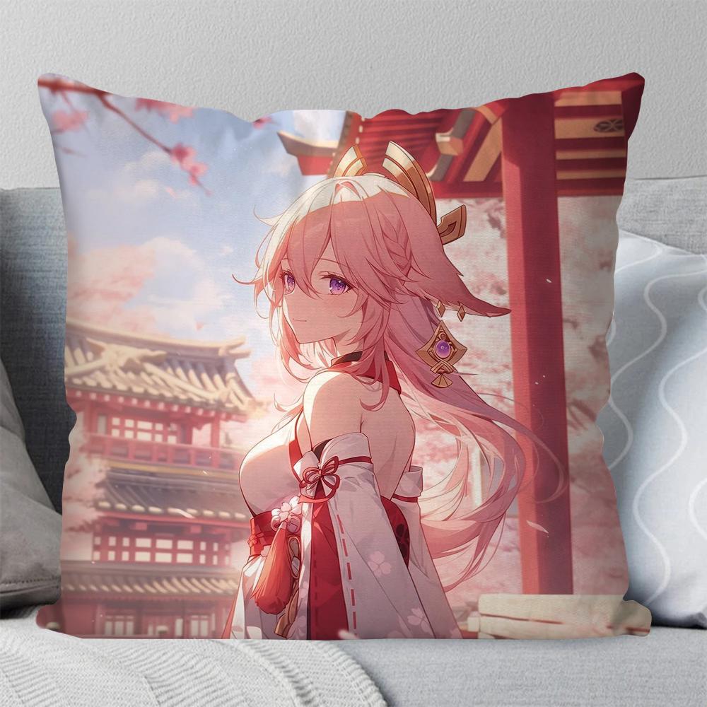 Yae Miko Animation Game G-Genshin I-Impact Pillow Case Square Pillow Bedroom Sofa Leisure Car Living Room Home Decoration 40X40