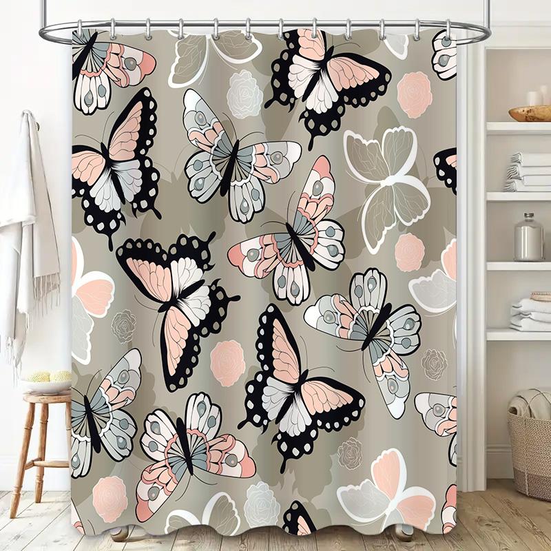 Floral Pattern Shower Curtain Beautiful Butterfly Design for Bathroom Decor Customizable Size Water-Resistant Fabric Pink White