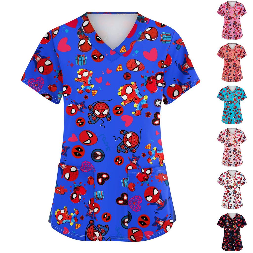 Women's Fashion V-neck Short Sleeve Workwear With Pockets Printed Tops
