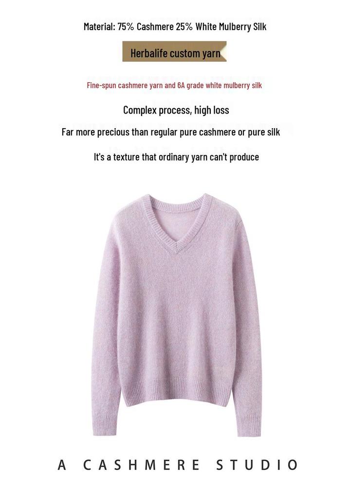 2026 Happy Kaka Women's Silk Cashmere V-Neck Sweater