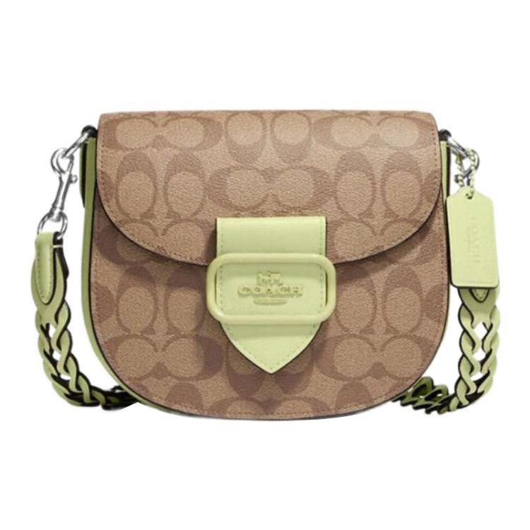 New COACH Morgan Coated Canvas With Leather Saddle Bag, Shoulder Bag, Crossbody Bag Trumpets Women's Brown & Green CJ615-SVUFH