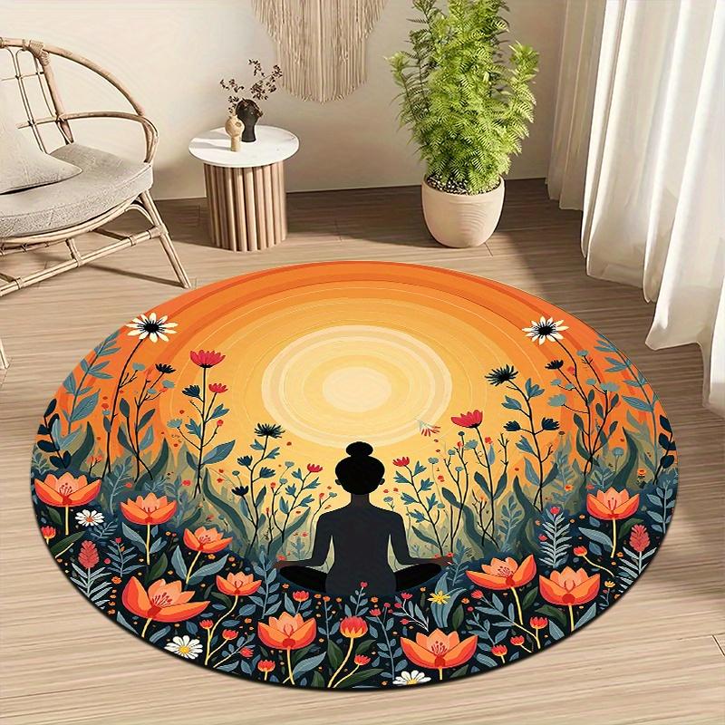 Yoga meditation flower Flannel-printed round floor mats are slip-resistant Suitable living room bedroom terrace garden carpets