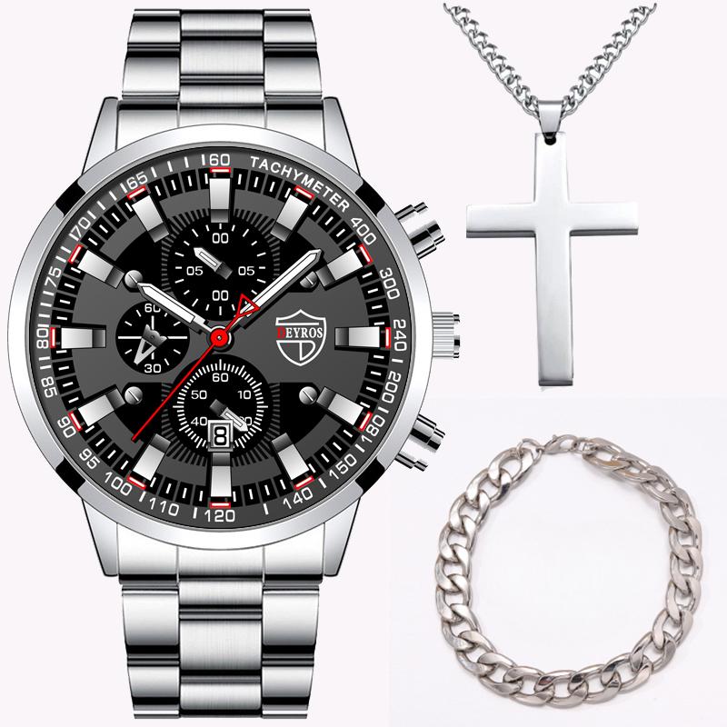 

3 шт./компл., 1 шт., мужские модные кварцевые наручные часы с календарем, 1 шт., повседневный мужской браслет и 1 шт., классическое ожерелье с крестом, подарки для мужчин