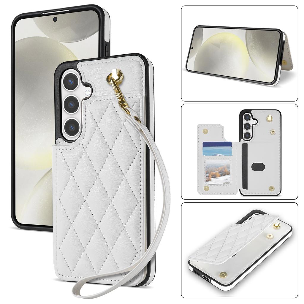 For Samsung Galaxy S24 Case with Wrist Strap Card Slots Rhombus Leather+TPU Phone Cover
