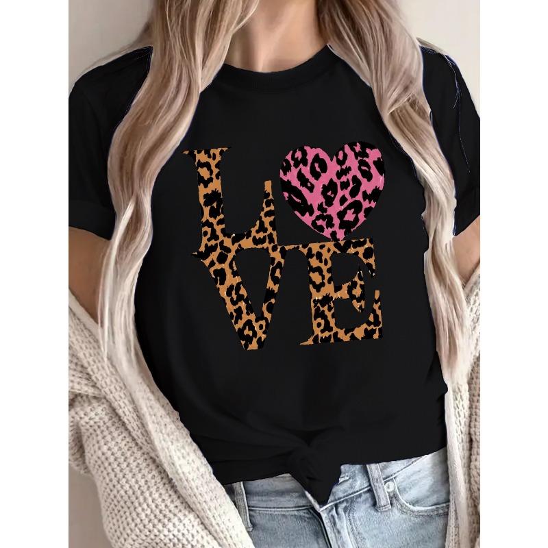 Leopard Heart Print Crew Neck T-Shirt, Casual Short Sleeve T-Shirt For Spring & Summer, Women's Clothing