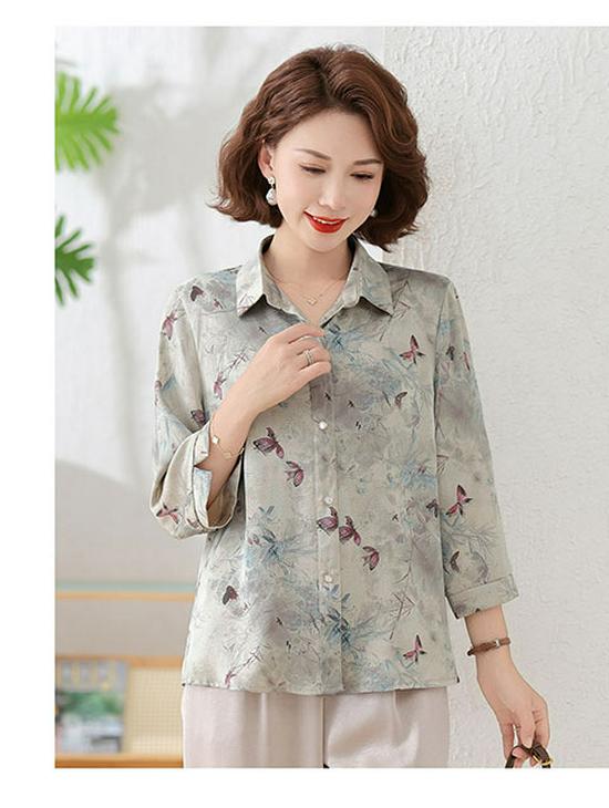 2026 Chic Printed Shirt for Moms: Loose, Nine-Point Sleeve, Spring/Autumn Fashion for Middle-Aged and Elderly Women