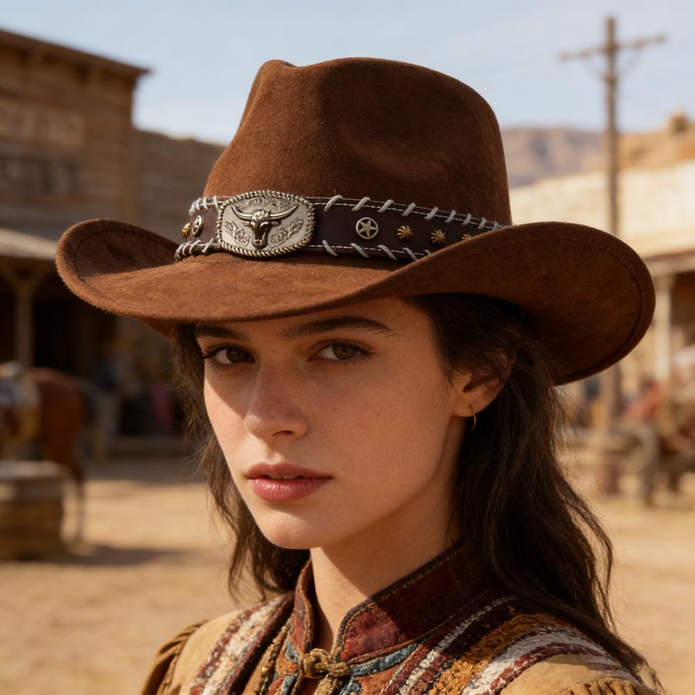 Cappello da Cowboy Western in Pelle Scamosciata Retrò da Uomo con Ampia Falda Fedora Jazz Occidentale con Decorazione Etnica Cintura Testa di Toro Cappello da Sole per Viaggi all'Aperto