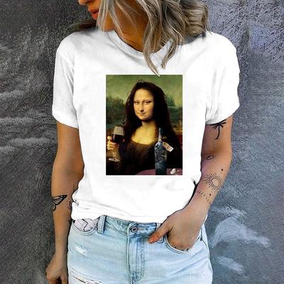 Mona Lisa cu un pahar de vin roșu Tricouri amuzante imprimate Haine de vară Tricou cu mânecă scurtă pentru femei de mărime mare Topuri confortabile 5XL