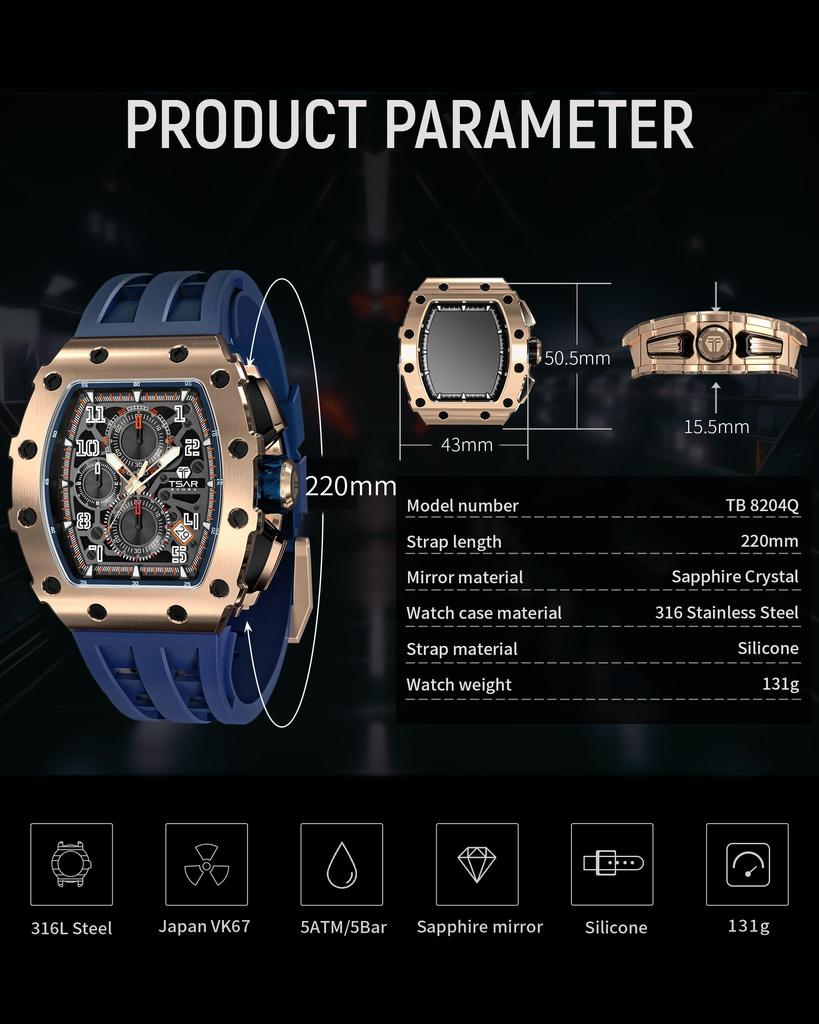 TSAR BOMBA Men's Skeleton Mechanical Automatic Watch Ceramic Japanese Movement Tonneau Silicone Strap 50M Water Resistant Luminous Luxury Business