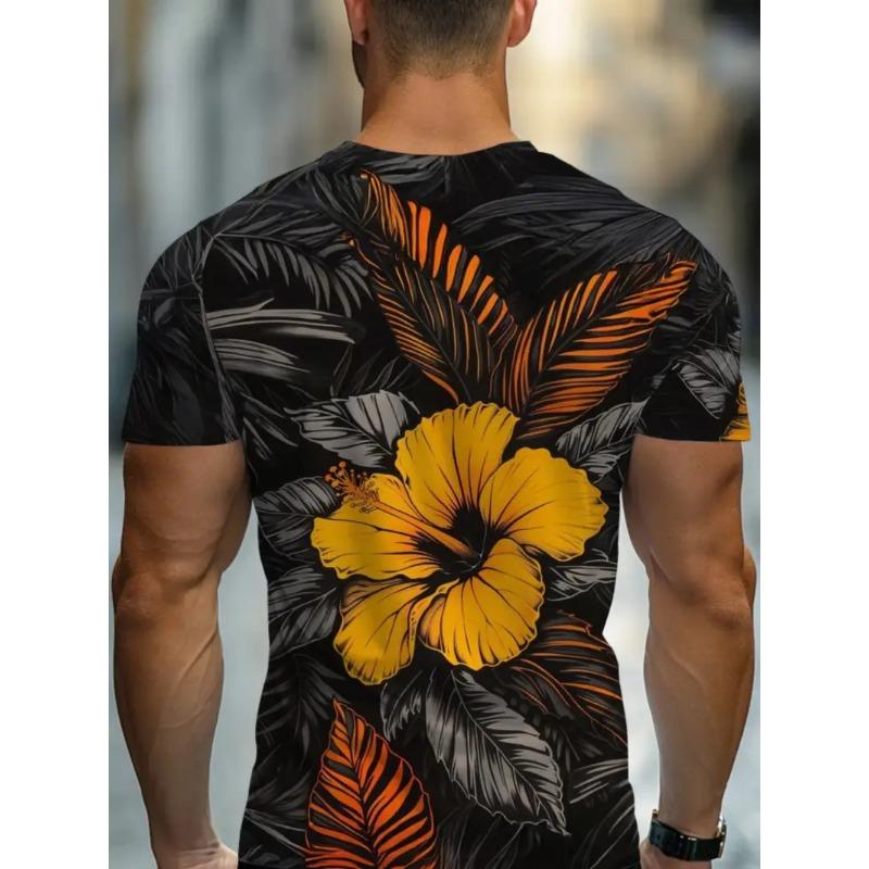 Men's Hawaiian Tropical Flower Print T-shirt Sports Short Sleeved Crew Neck T-shirt for Summer Outdoor Fitness Workout Men's Clothing