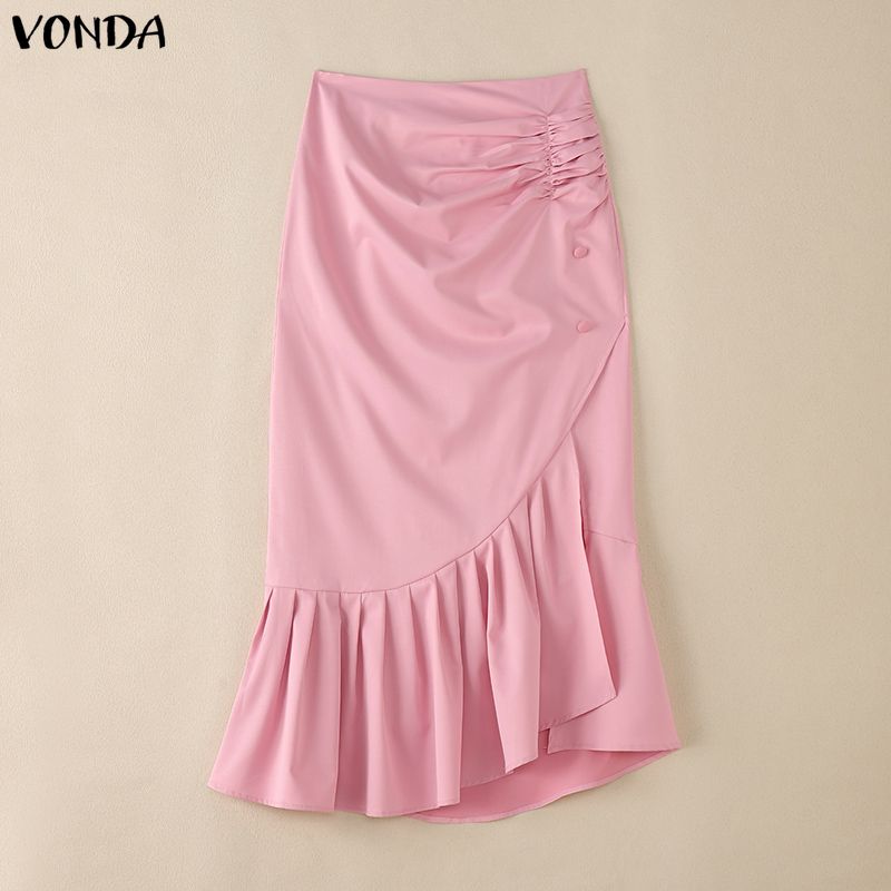 VONDA Elegant Women Ruffled Zip-up Waist Side Splits Irregular Casual Party Skirts Dress