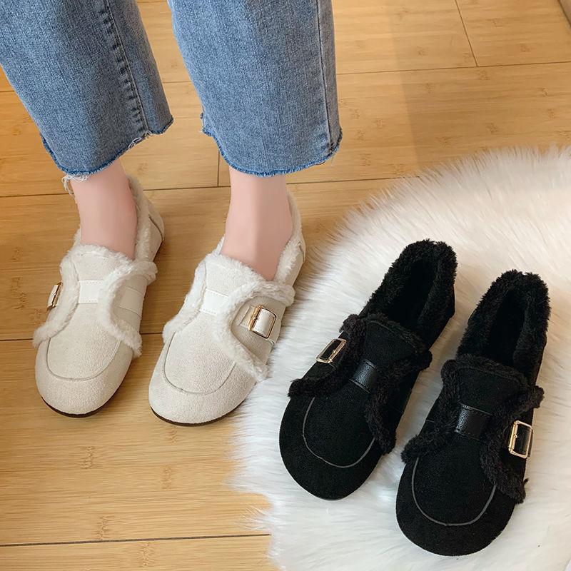 One pedal Doudou shoes women's autumn and winter new Mao Mao shoes super soft non-slip outer wear warm versatile flat-bottomed snow cotton shoes