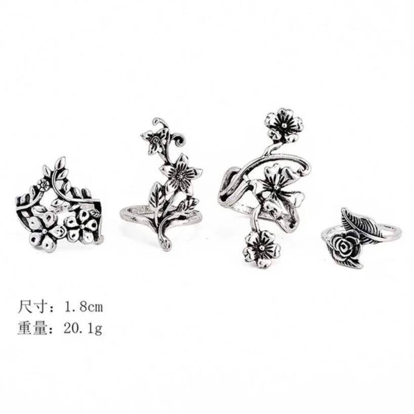 4 Pieces/set New Popular Women's Fashion Retro Personality Ancient Silver Forest Vine Leaf Flower Hollow Ring Set