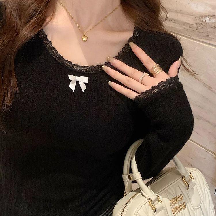 

Женская блузка с длинным рукавом и бантом из кружева высокого класса, белая - Идеально для весны и осени One Size чёрный