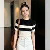 2026 Spring Black and White Striped Slim Fit Short Sleeve Knit Top