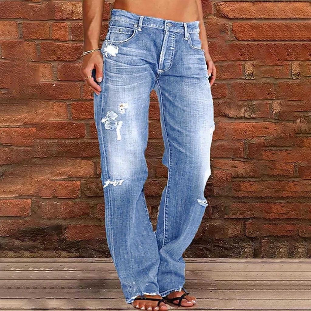 Women's High Waist Straight Loose Lace Stretch Lightweight Fashion Jeans