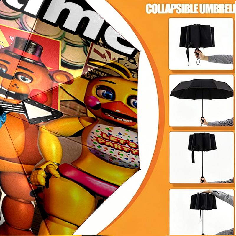 Custom Name Personalized Five Nights at Freddy's Print Umbrella, Auto Open Close, 8‑Rib Sturdy Frame, Commute Camping Hiking Use, Birthday Gift