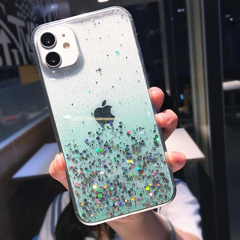 Luxury Purple Glitter Sequin Transparent Phone Case For iPhone 11 12 13 14 15 16 Pro Max XS X XR 7 8 Plus SE Soft Silicone Cover