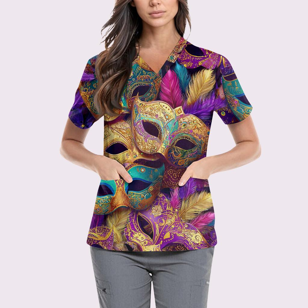 Süße bedruckte Arbeitskleidung für Damen, V-Ausschnitt, doppellagige Taschen, Basic, kurzärmeliges Oberteil, Pullover, Valentinstag