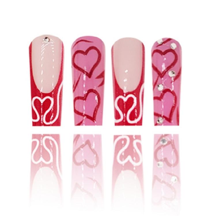 24 Stück Valentinstag Press-On-Nägel Französische Spitze Falsche Nägel Sargform Vollabdeckung Aufkleber-Nägel Herz Acrylnagel