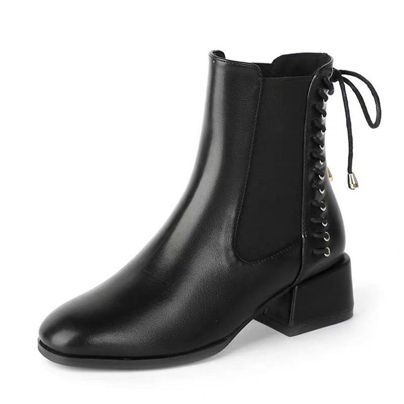 Fashion Leather Ankle Boots Women Mid Heel Chelsea Boots Autumn 2024 New Fashion Round Toe Slip on High Heel Elastic Short Boots Botines