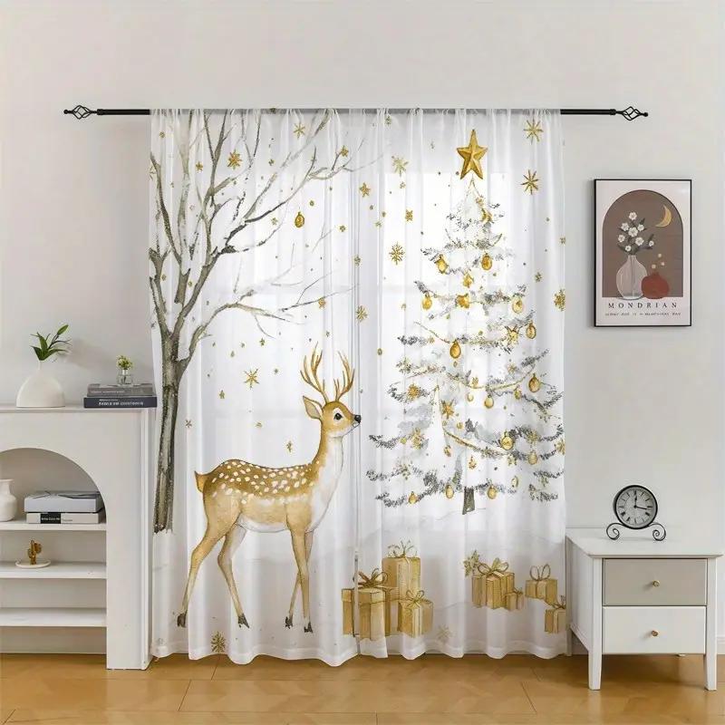 2pcs Christmas Deer Christmas Tree sheer curtains with pole bag design   suitable for decoration in various scenes