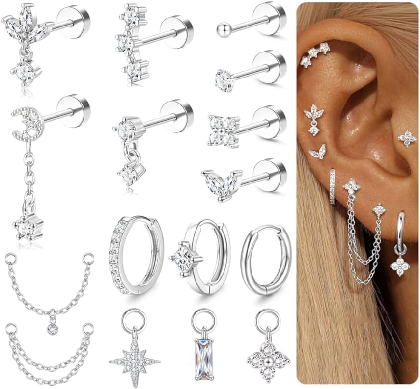 Orecchini per Cartilagine Calibro 16 per Donna Dorso Piatto Ipoallergenici Acciaio Chirurgico 316L Orecchino a Perno Cerchio Set Impilabile Gioielli Piercing