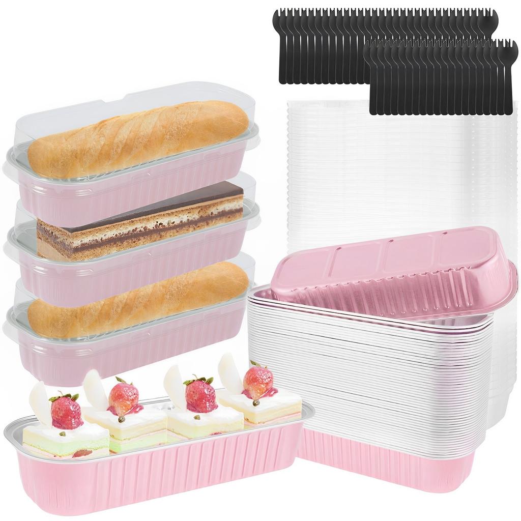 150Pcs Mini Cake Pans with Lids and Spoons 200ml Rectangle Foil Baking Pans Tins Non-Stick Kitchen Loaf Container Cupcake Liners