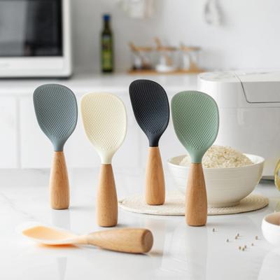 Rice Shovel with Wooden Handle Rice Non-Stick Silicone Scoop for Home