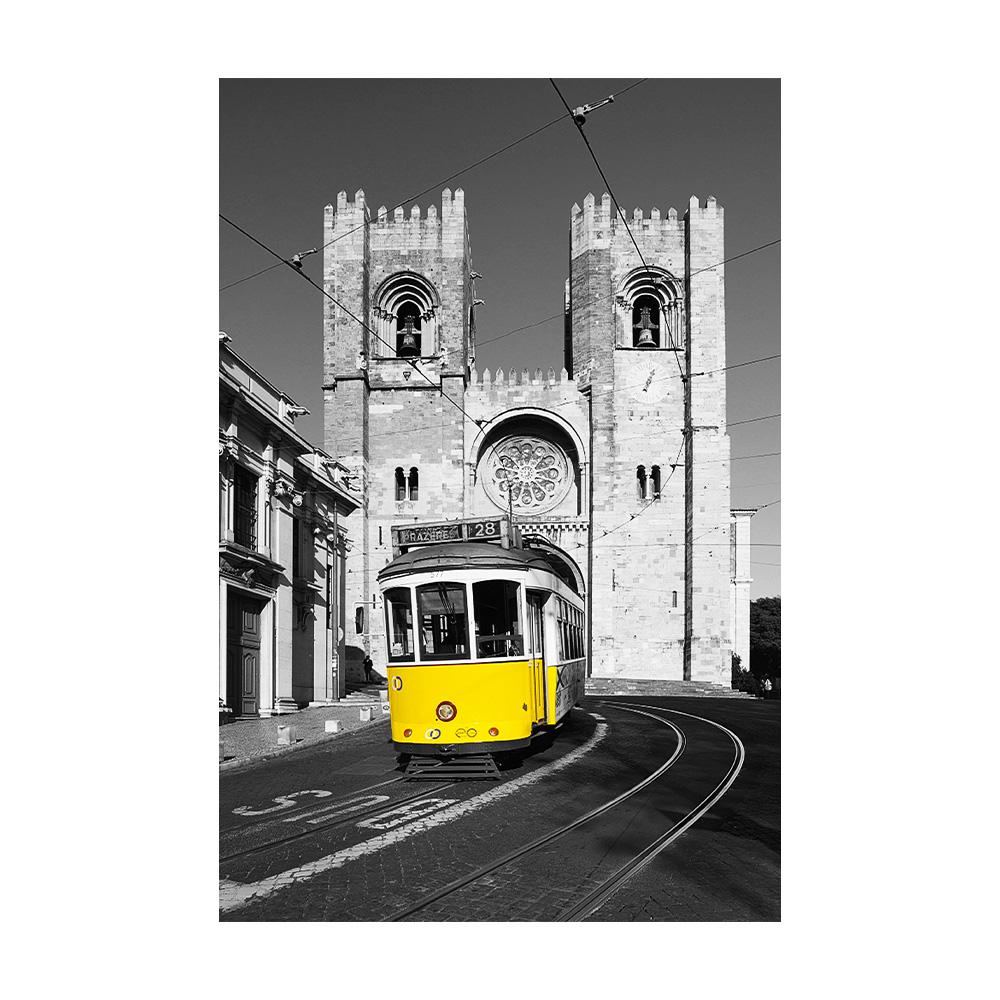 Canvas Painting,Historic Building Retro Yellow Car,Vintage Style,Office Home Decor Picture Painting, Festival Gift