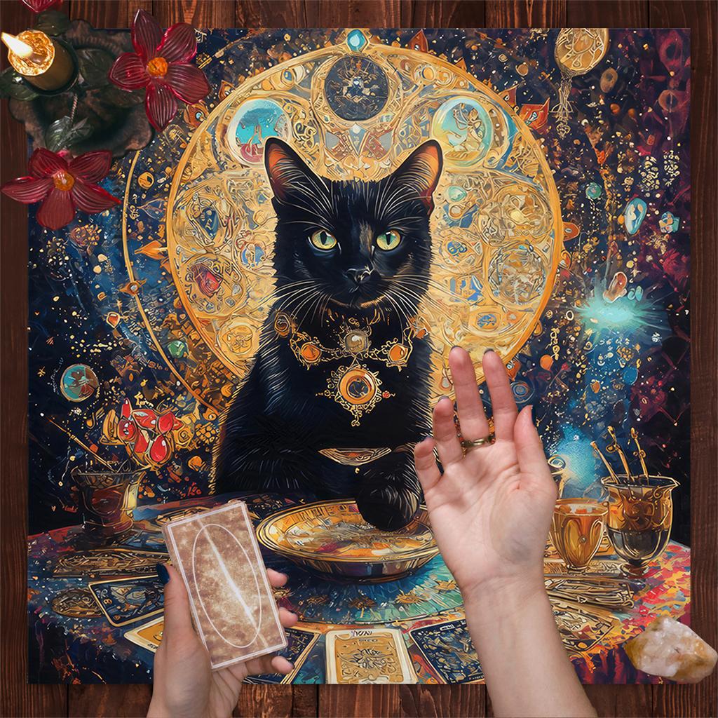 Colorful Mandala Black Cat Altar Cloth Tarot Tablecloth Witchcraft Cat & Moon Starry Sky Divination Cloth Tarot Mat Home Decor