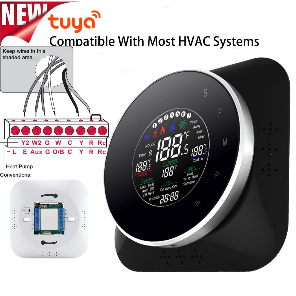 TUYA WIFI 24VAC AIR SOURCE Heat Pump Thermostat for HVAC System - Compatible With Boiler, Air Energy Works with Alexa, Google