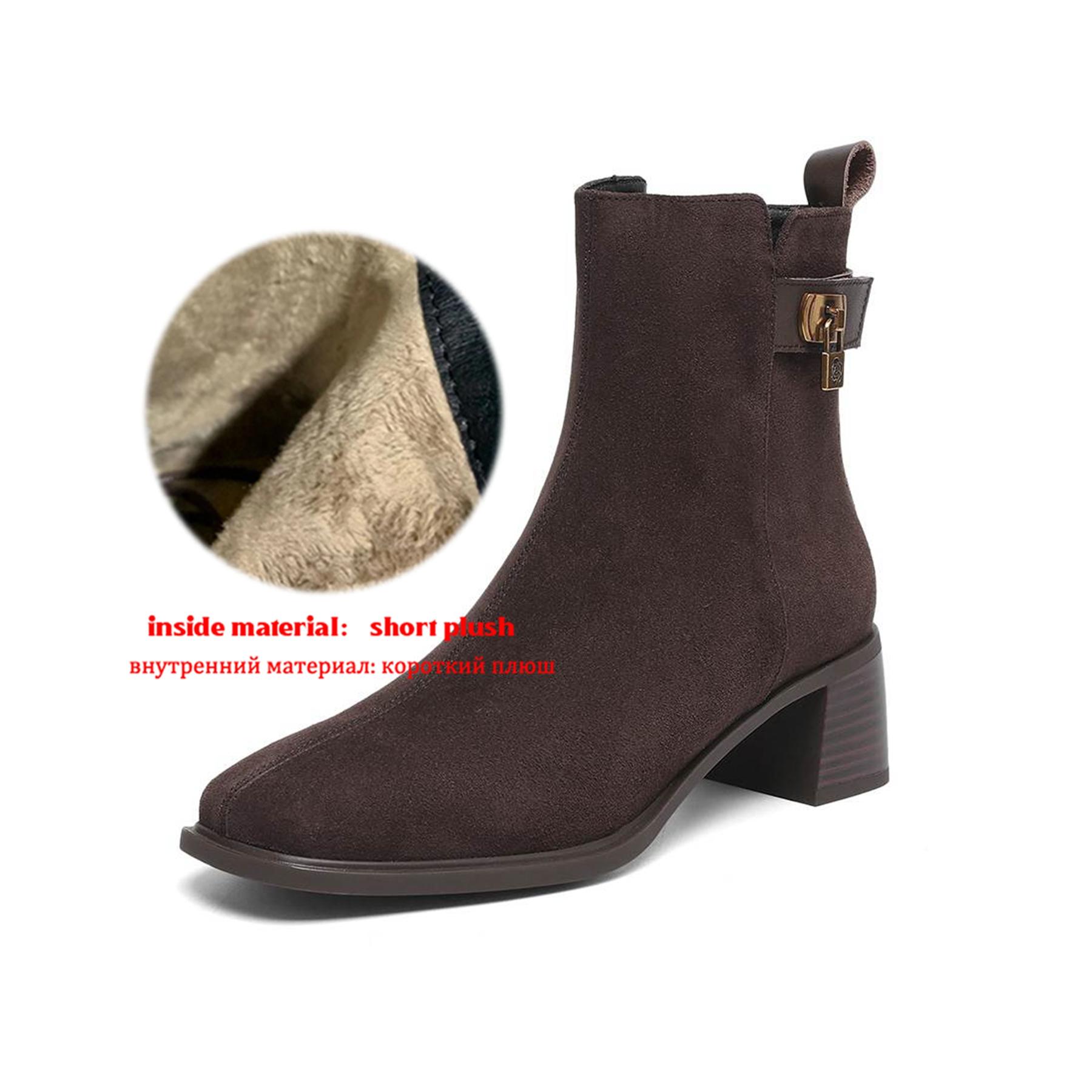 

Krazing Pot Cow Suede Nubuck Square Toe High Heels Chelsea Boots Size 42 Zip Women Metal Buckle Ankle Boots 42