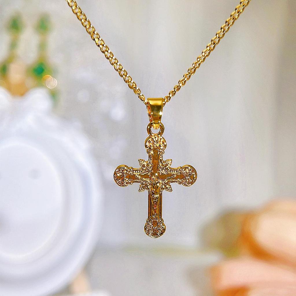 Ethnic Faith Cross Pendant Necklace & Earrings Set - Gold Plated Studs, Hip Hop Style Copper Jewelry