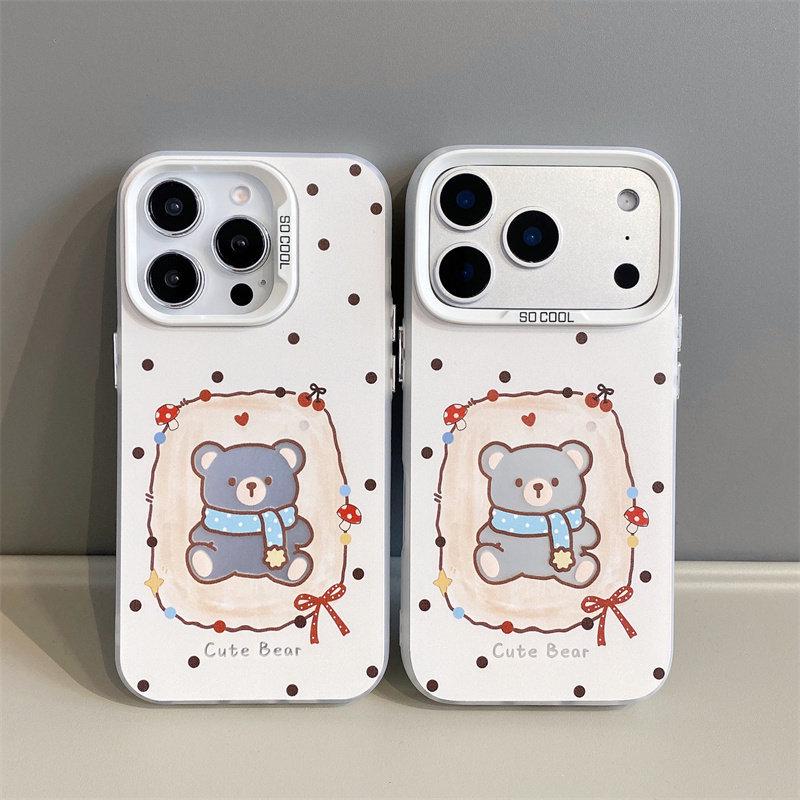 Silver Frosted Cartoon 'Little Bear' Scarf Phone Case for Apple 17 Pro Max, 16 Pro, 15, 14 Plus